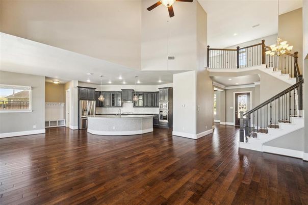 Chandelier, Interior, Kitchen, Pendant Lights, Recessed Lighting, Stainless Steel Appliances, Wood Texture Flooring
