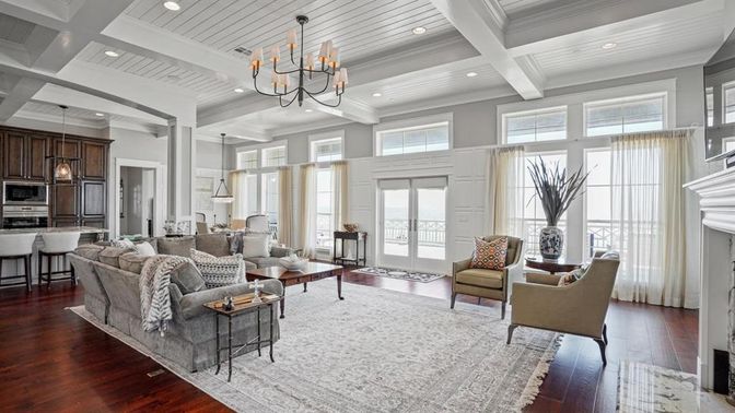 Chandelier, Interior, Kitchen, Living room, Pendant Lights, Recessed Lighting, Stainless Steel Appliances, Wood Texture Flooring