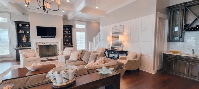 Chandelier, Fireplace, Interior, Living room, Recessed Lighting, Wood Texture Flooring