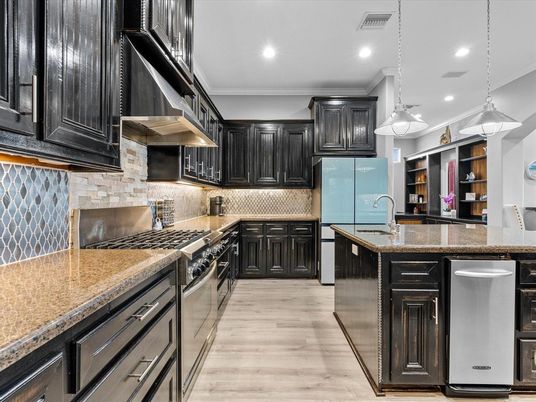 Interior, Kitchen, Pendant Lights, Recessed Lighting, Stainless Steel Appliances, Wood Texture Flooring