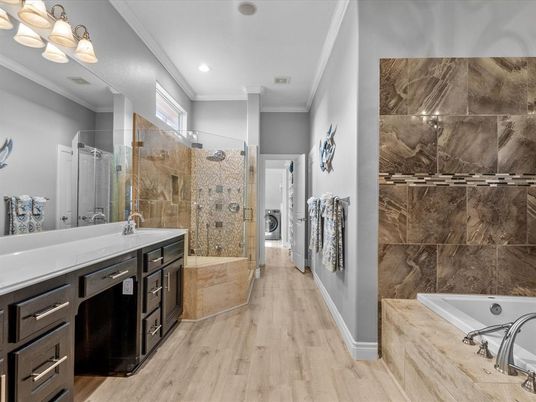 Bathroom, Dual Sink Vanities, Glass Shower, Interior, Recessed Lighting, Wood Texture Flooring