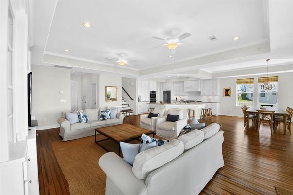 Chandelier, Dining room, Interior, Kitchen, Living room, Pendant Lights, Recessed Lighting, Wood Texture Flooring