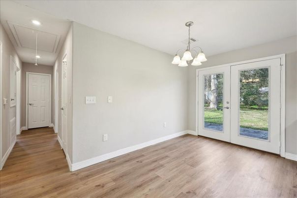 Chandelier, Empty room, Interior, Pendant Lights, Recessed Lighting, Wood Texture Flooring