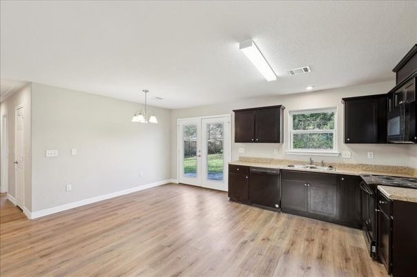 Interior, Kitchen, Pendant Lights, Wood Texture Flooring