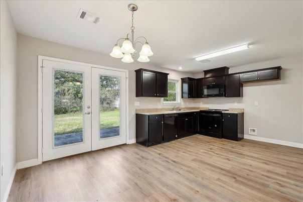 Chandelier, Interior, Kitchen, Recessed Lighting, Wood Texture Flooring