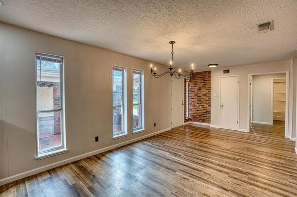 Chandelier, Empty room, Interior, Stone Walls, Wood Texture Flooring