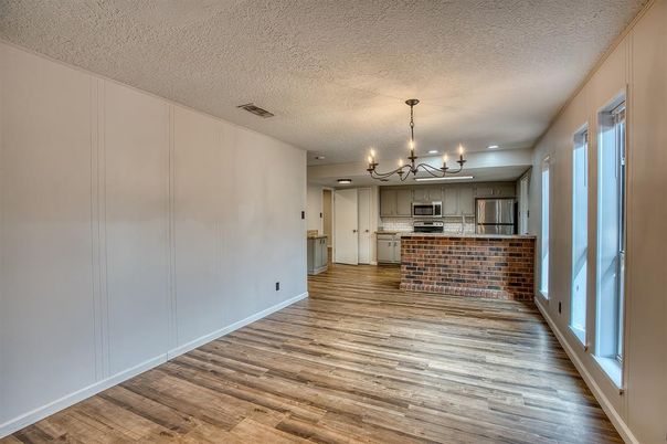 Chandelier, Interior, Kitchen, Stainless Steel Appliances, Wood Texture Flooring