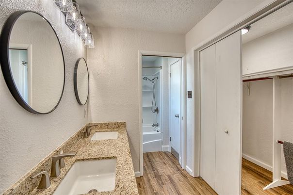 Bathroom, Dual Sink Vanities, Interior, Wood Texture Flooring
