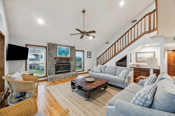 Fireplace, Interior, Living room, Recessed Lighting, Wood Texture Flooring