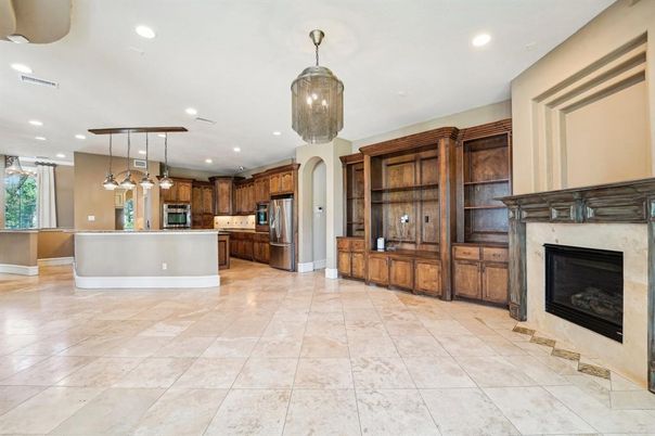 Fireplace, Interior, Kitchen, Pendant Lights, Recessed Lighting, Stainless Steel Appliances