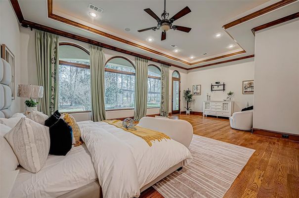 Bedroom, Interior, Recessed Lighting, Wood Texture Flooring