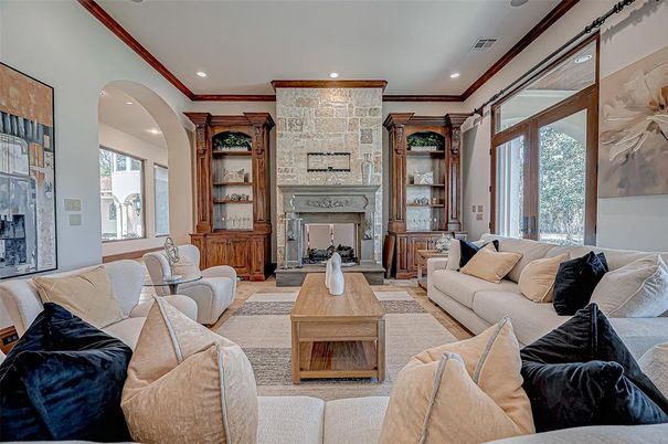 Fireplace, Interior, Living room, Recessed Lighting, Stone Walls