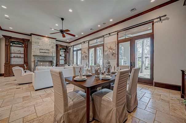 Dining room, Fireplace, Interior, Living room, Recessed Lighting, Stone Walls