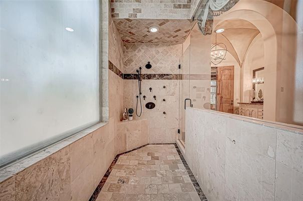 Bathroom, Chandelier, Glass Shower, Interior, Recessed Lighting