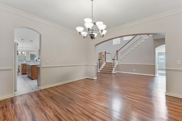 Chandelier, Empty room, Interior, Kitchen, Pendant Lights, Wood Texture Flooring
