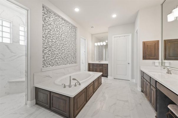 Bathroom, Dual Sink Vanities, Interior, Marble, Marble Walls, Recessed Lighting