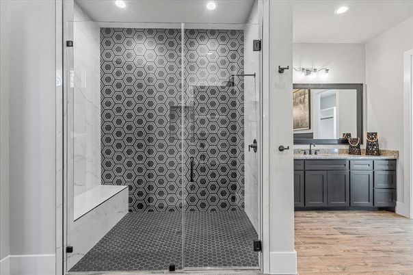 Bathroom, Glass Shower, Interior, Recessed Lighting, Wood Texture Flooring