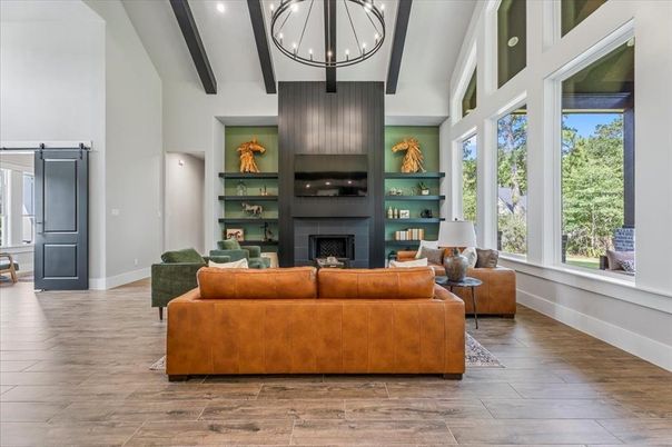 Fireplace, Interior, Living room, Pendant Lights, Recessed Lighting, Wooden Beams, Wood Texture Flooring