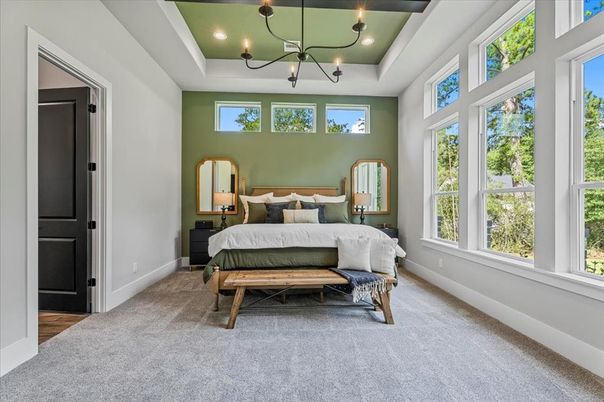 Bedroom, Chandelier, Interior, Recessed Lighting, Wood Texture Flooring