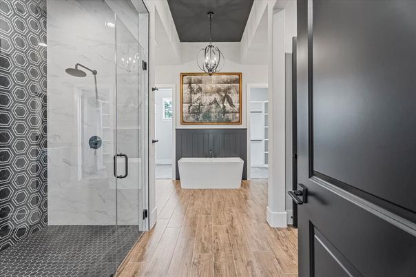 Bathroom, Free Standing Baths, Glass Shower, Interior, Marble Walls, Pendant Lights, Wood Texture Flooring