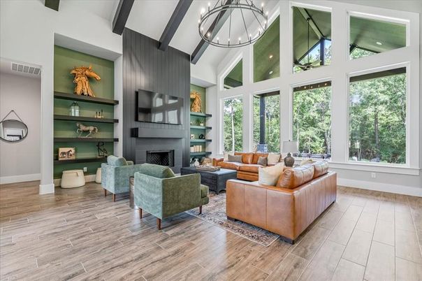 Fireplace, Interior, Living room, Pendant Lights, Wood Texture Flooring