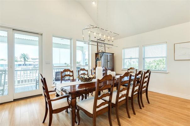 Dining room, Interior, Pendant Lights, Recessed Lighting, Wood Texture Flooring