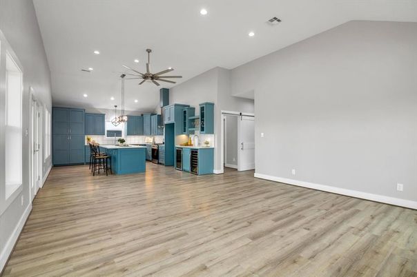 Interior, Kitchen, Pendant Lights, Recessed Lighting, Wood Texture Flooring