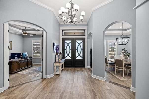 Chandelier, Dining room, Interior, Pendant Lights, Wood Texture Flooring
