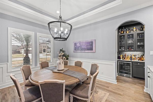 Dining room, Interior, Pendant Lights, Recessed Lighting, Wood Texture Flooring