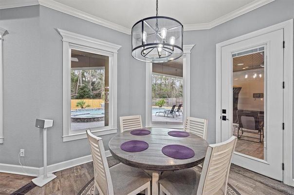 Dining room, Interior, Pendant Lights, Wood Texture Flooring