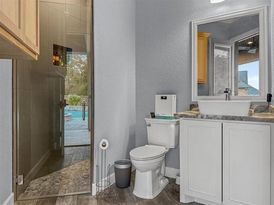Bathroom, Glass Shower, Interior, Wood Texture Flooring