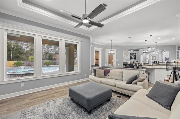 Interior, Kitchen, Living room, Pendant Lights, Recessed Lighting, Wood Texture Flooring
