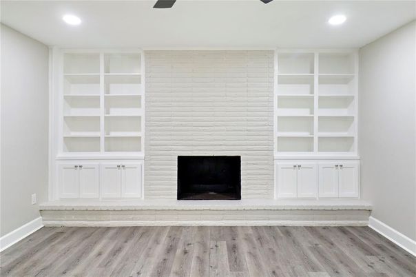 Fireplace, Interior, Recessed Lighting, Wood Texture Flooring