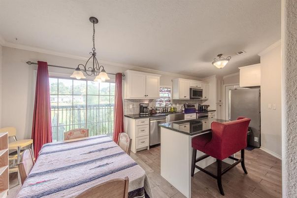 Dining room, Interior, Kitchen, Pendant Lights, Stainless Steel Appliances, Wood Texture Flooring