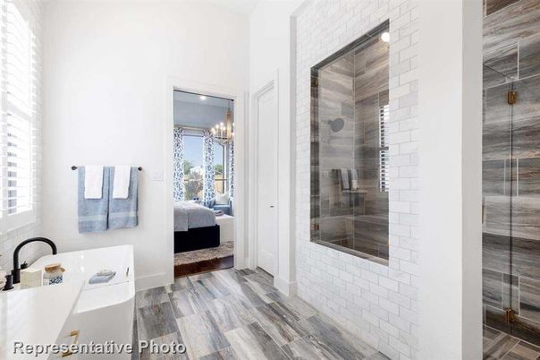 Bathroom, Bedroom, Chandelier, Glass Shower, Interior, Recessed Lighting, Wood Texture Flooring