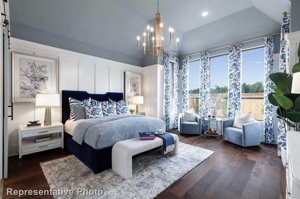 Bedroom, Chandelier, Interior, Recessed Lighting, Wood Texture Flooring