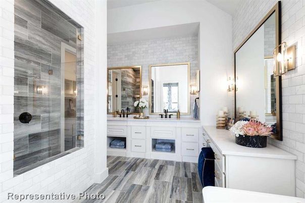 Bathroom, Dual Sink Vanities, Glass Shower, Interior, Stone Walls, Wood Texture Flooring