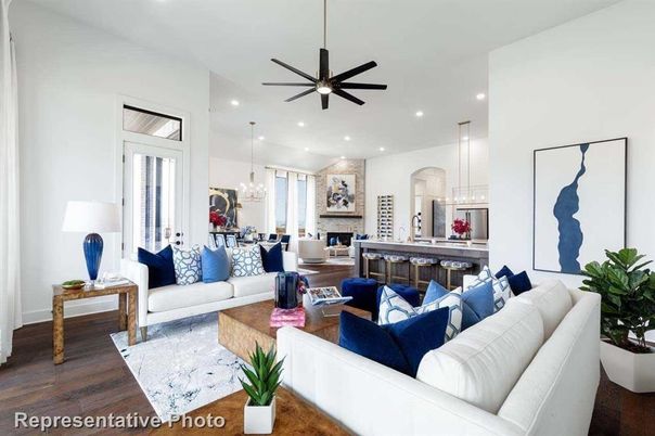 Dining room, Fireplace, Interior, Kitchen, Living room, Pendant Lights, Recessed Lighting, Wood Texture Flooring