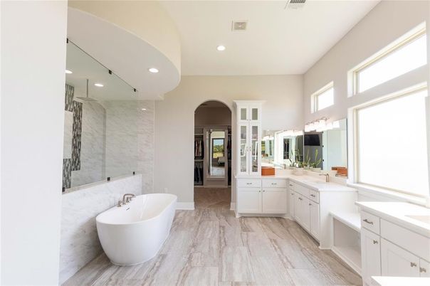 Bathroom, Dual Sink Vanities, Free Standing Baths, Glass Shower, Interior, Marble, Marble Walls, Recessed Lighting
