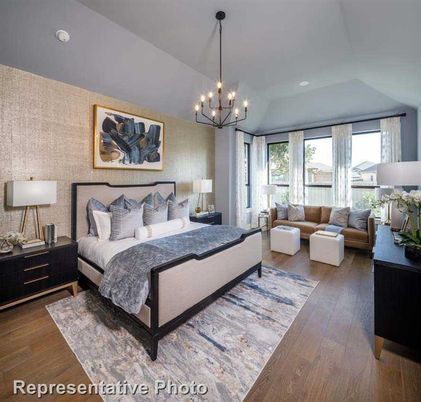 Bedroom, Chandelier, Interior, Recessed Lighting, Wood Texture Flooring