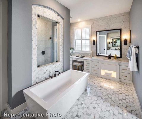 Bathroom, Dual Sink Vanities, Free Standing Baths, Interior, Marble Walls, Recessed Lighting