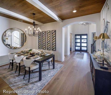Chandelier, Dining room, Interior, Pendant Lights, Recessed Lighting, Wooden Ceilings, Wood Texture Flooring