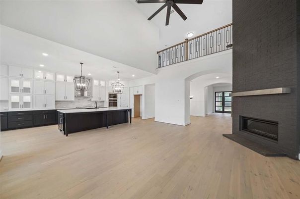 Chandelier, Fireplace, Interior, Kitchen, Pendant Lights, Recessed Lighting, Wood Texture Flooring