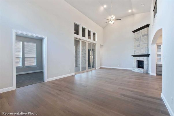 Empty room, Fireplace, Interior, Recessed Lighting, Wood Texture Flooring