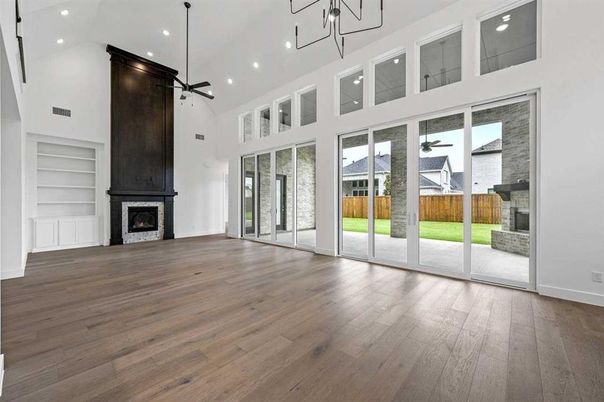 Fireplace, Interior, Pendant Lights, Recessed Lighting, Wood Texture Flooring