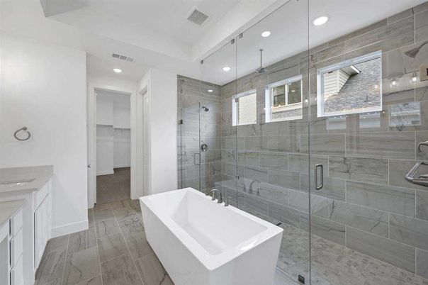 Bathroom, Free Standing Baths, Glass Shower, Interior, Recessed Lighting, Wood Texture Flooring
