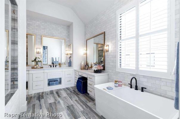 Bathroom, Dual Sink Vanities, Interior, Stone Walls, Wood Texture Flooring