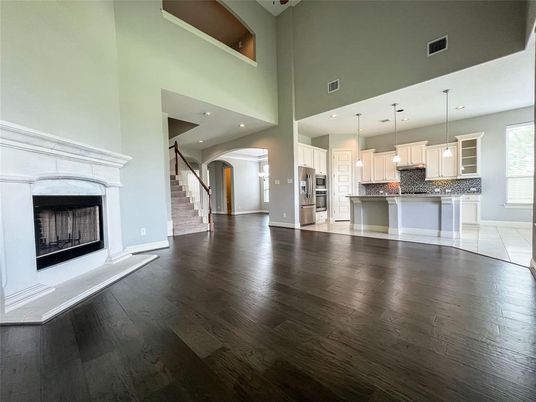 Fireplace, Interior, Kitchen, Pendant Lights, Recessed Lighting, Wood Texture Flooring