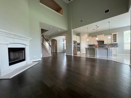 Fireplace, Interior, Kitchen, Pendant Lights, Recessed Lighting, Wood Texture Flooring