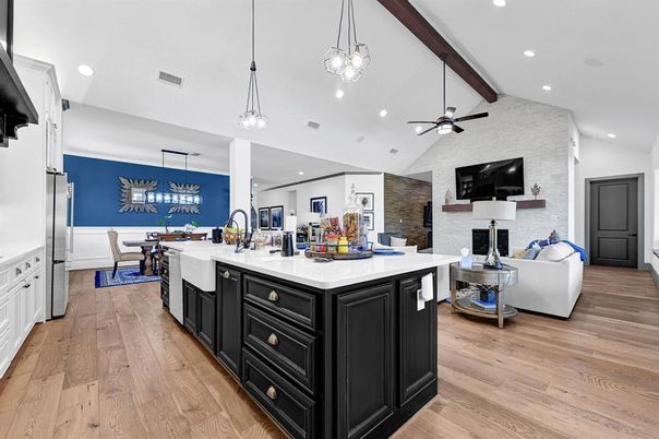 Dining room, Fireplace, Interior, Kitchen, Living room, Pendant Lights, Recessed Lighting, Stone Walls, Wooden Beams, Wood Texture Flooring